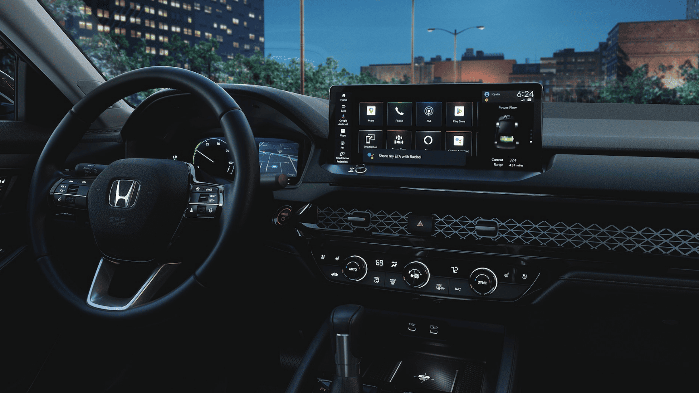 2024 Honda Accord Hybrid interior showcasing dashboard with digital displays at night.